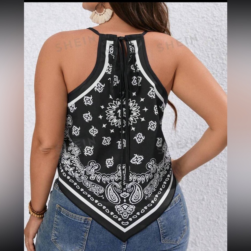 SHEIN CURVE+ Plus Size Paisley Print Asymmetrical Hem Halter Top